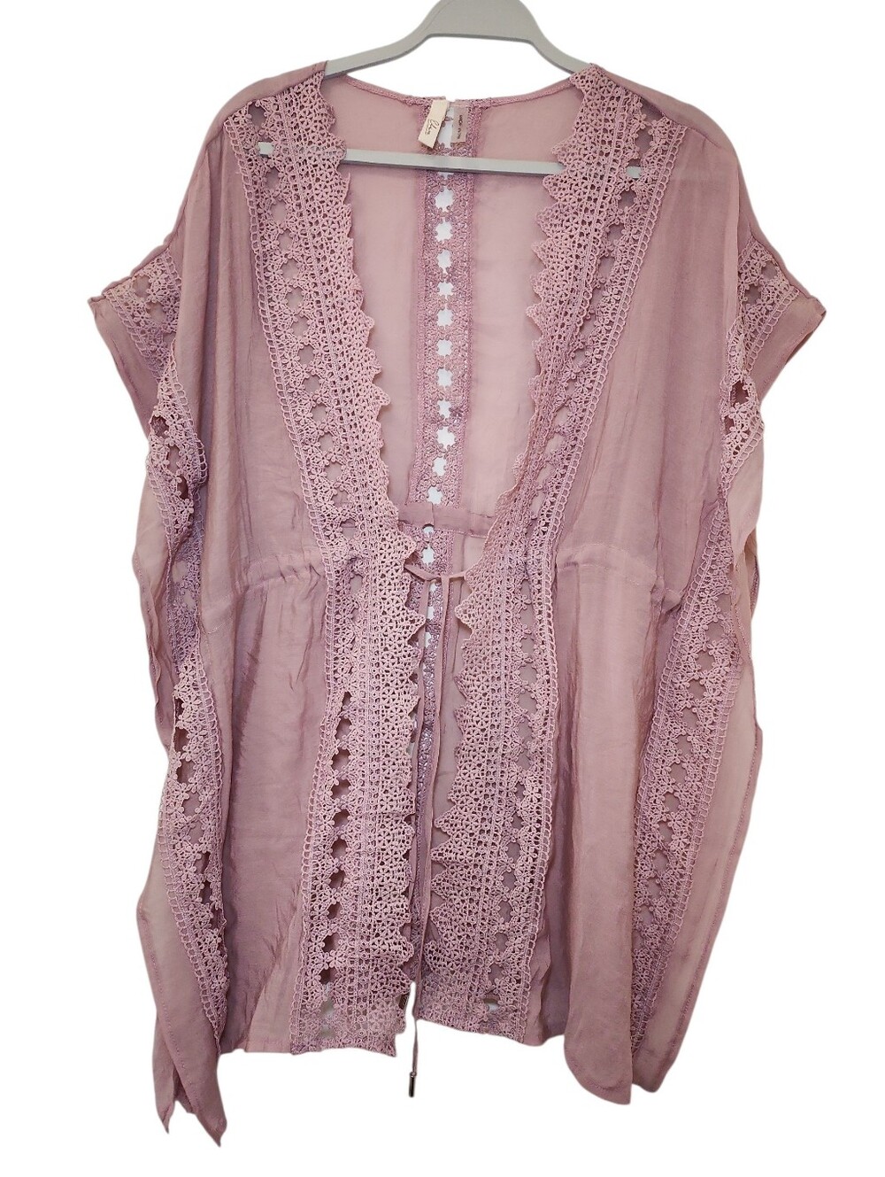 ELAN Women's Vivi crochet Cover Up tie front boho slouchy pink Mauve Lace Sz S - Picture 2 of 16